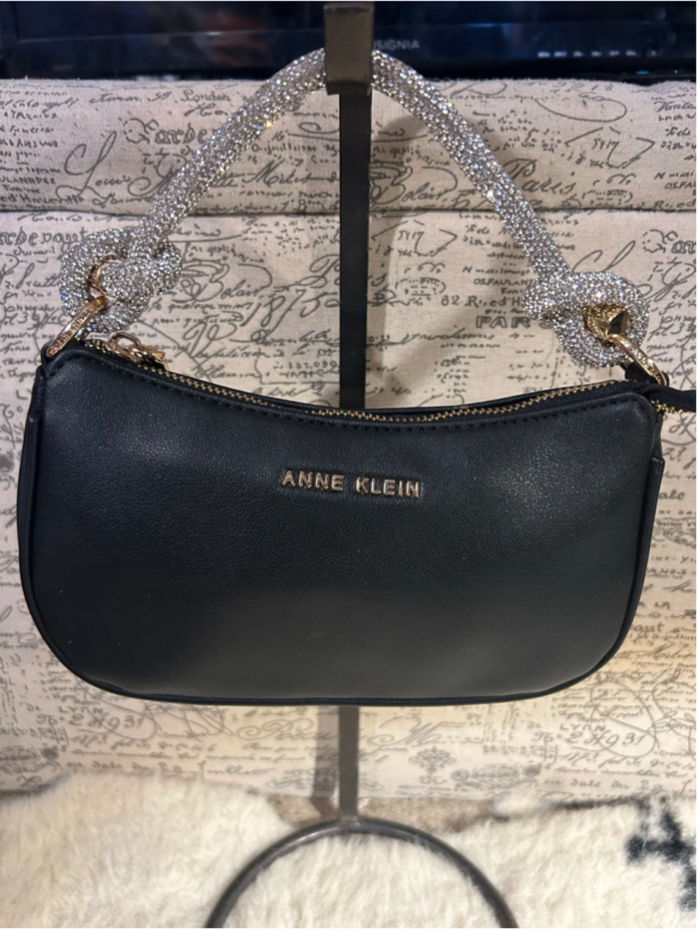 Women's Anne Klein Black Shoulder Bag with Rhinestone Handle, One Size - Picture 2 of 8
